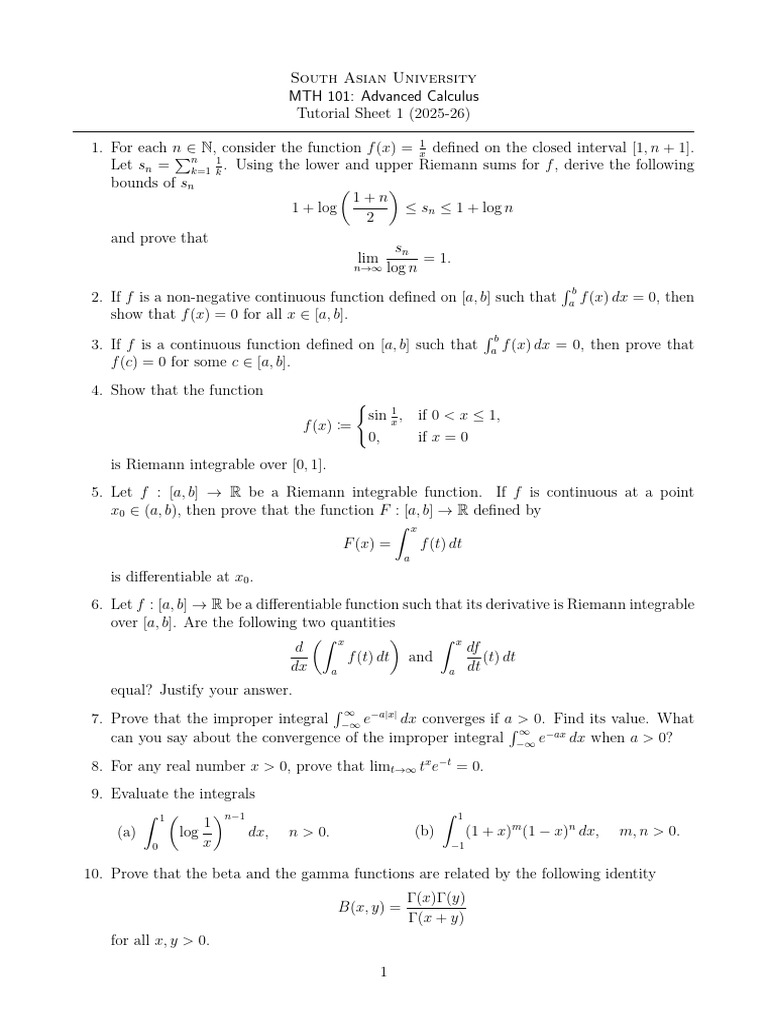 Maths Tutorial Sheet 1 | PDF | Integral | Mathematics
