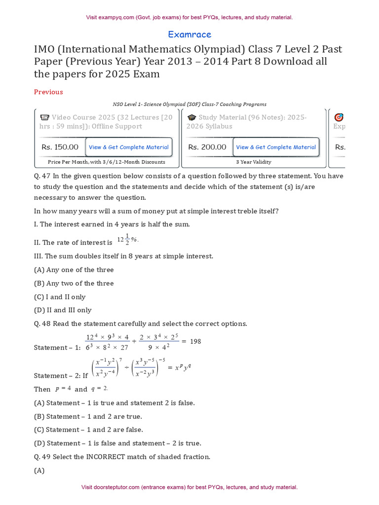 IMO Level 2 Class 7 Paper 2013 2014 Part 8 | PDF