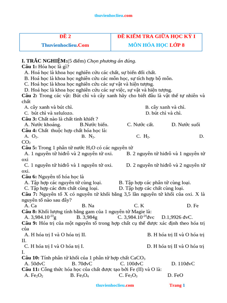 Bo de KT Hoa 8 Giua HK1 Co Dap An | PDF