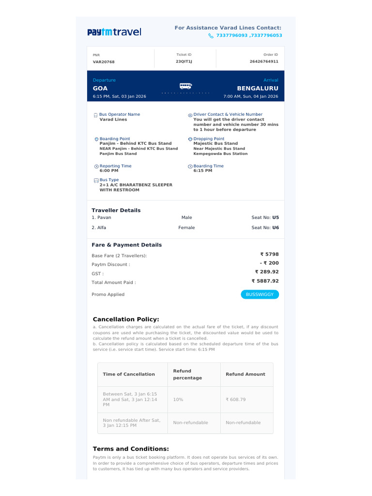 Goa to Bengaluru Bus Ticket Details | PDF | Identity Document | Bus