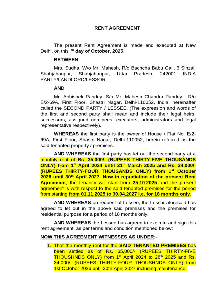 18-Month Residential Rent Agreement | PDF | Lease | Leasehold Estate