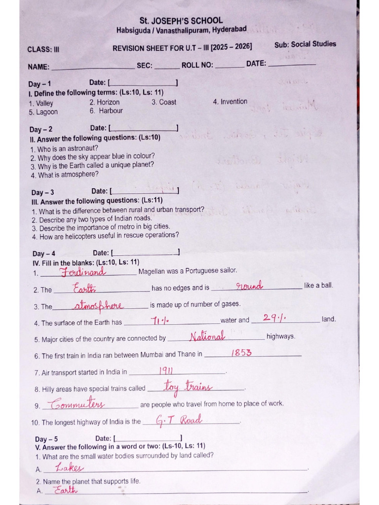 Class 3 UT III Revision Sheet | PDF