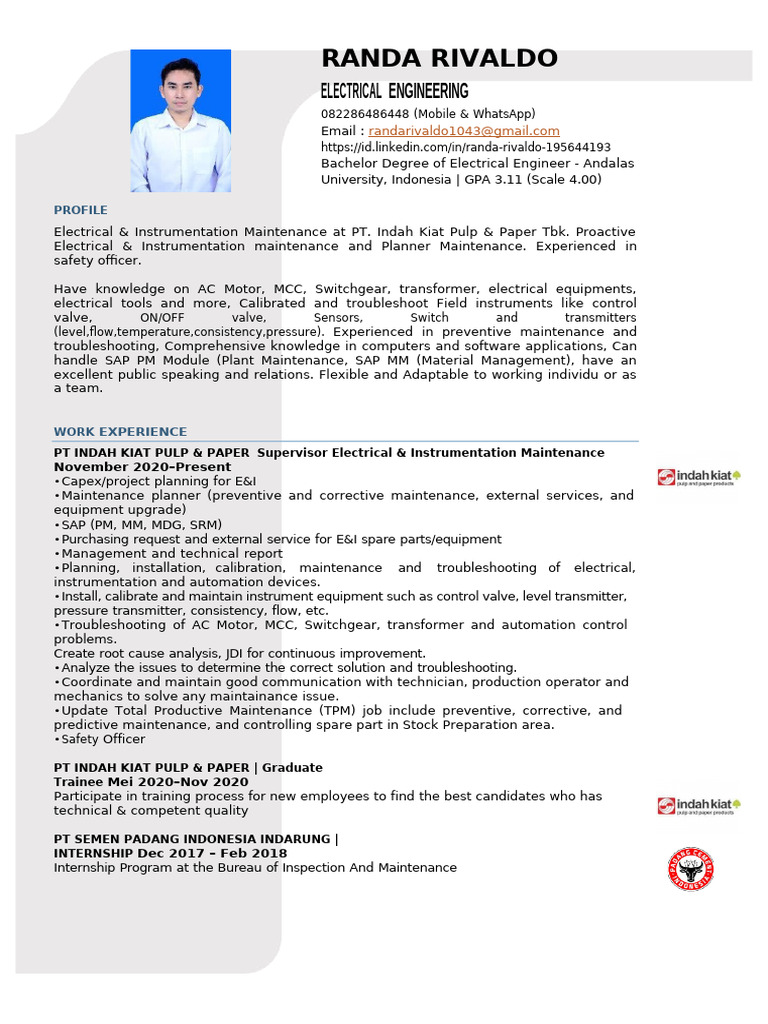 CV Randa Rivaldo - Removed | PDF | Instrumentation | Automation