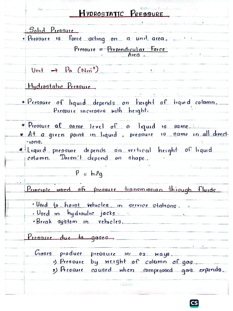 Hydrostatic Pressure GR 10 Unit 15 - Short Notes | PDF