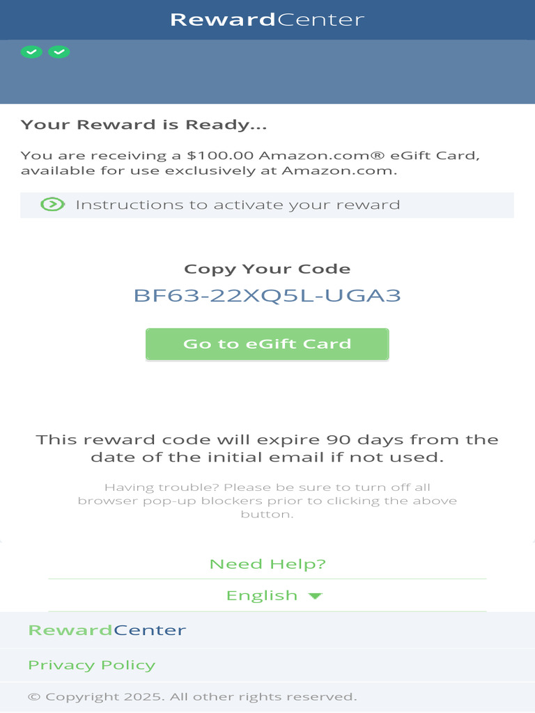$100 Amazon eGift Card Reward Code | PDF