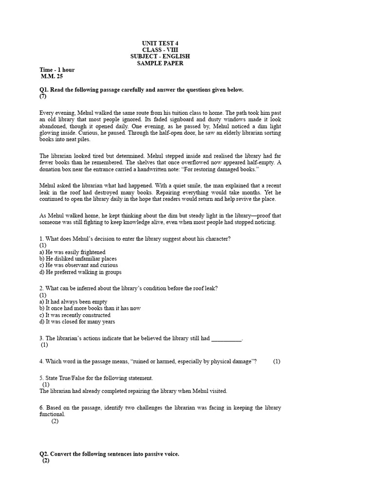 Class VIII English Unit Test Sample Paper | PDF