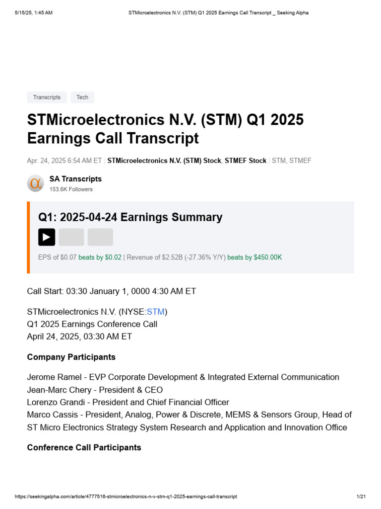STMicroelectronics N.v. (STM) Q1 2025 Earnings Call Transcript ...