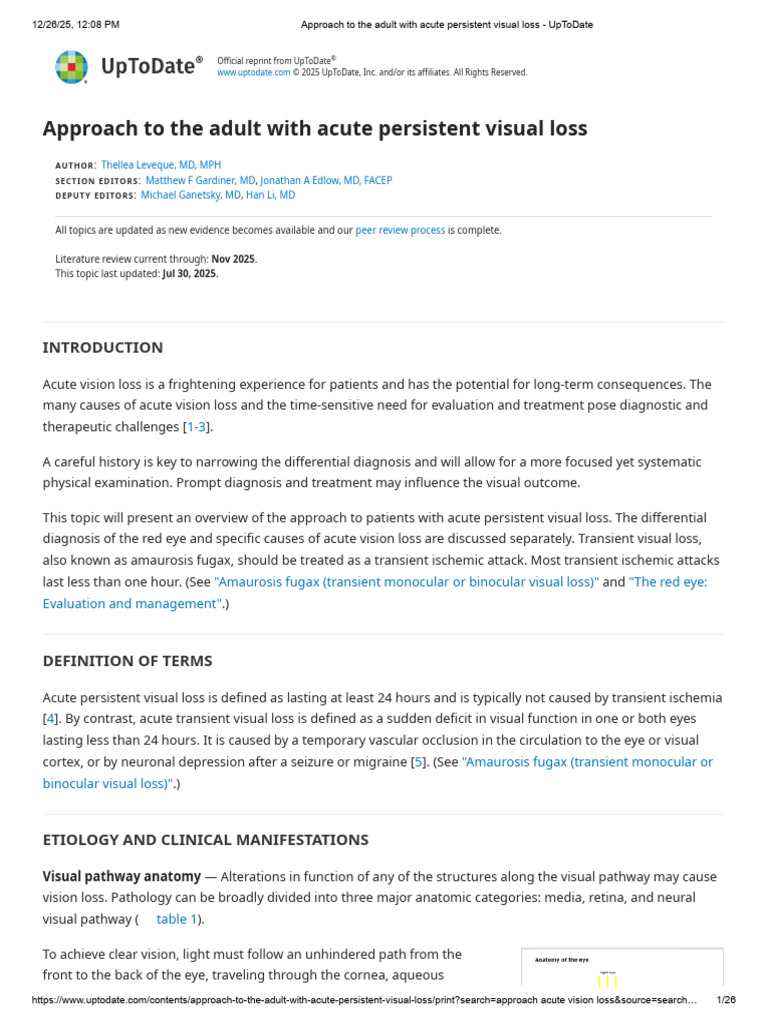 Acute Vision Loss: Evaluation Guide | PDF | Cornea | Glaucoma