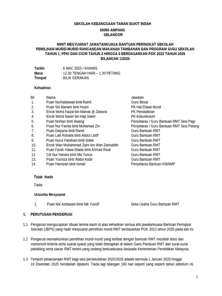 Minit Mesyuarat RMT Pemilihan Murid RMT Tahun 1 Dan Cicir | PDF