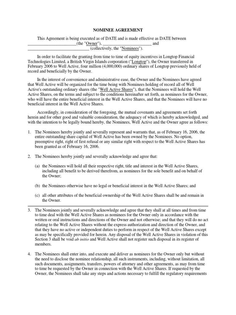 Nominee Agreement Sample 22  PDF  Breach Of Contract  Arbitration In nominee shareholder agreement template
