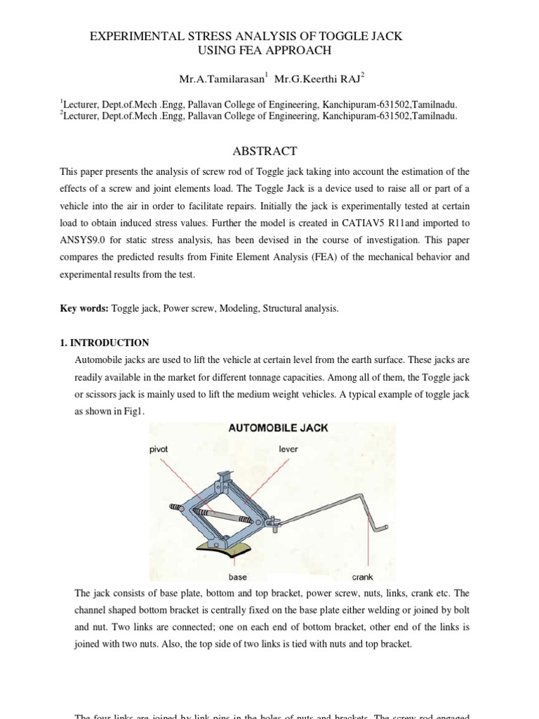 Experimental Stress Analysis of Toggle Jack Using Fea Approach
