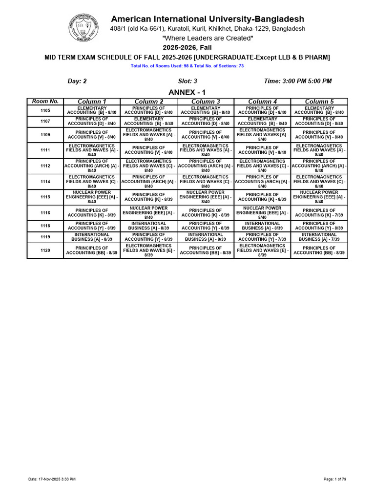 Fall 2025-2026 Midterm Exam Schedule | PDF