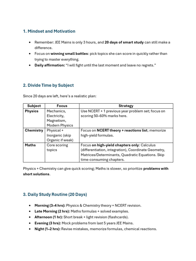 20-Day JEE Mains Study Plan | PDF | Physics | Mathematics