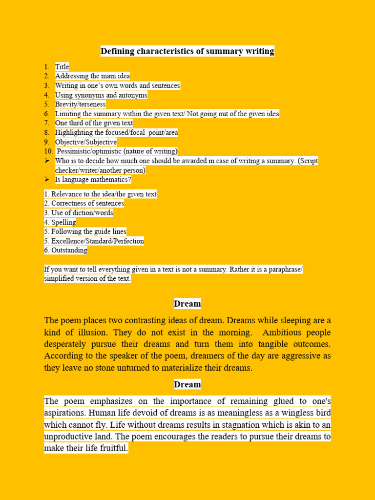 Key Features of Summary Writing | PDF