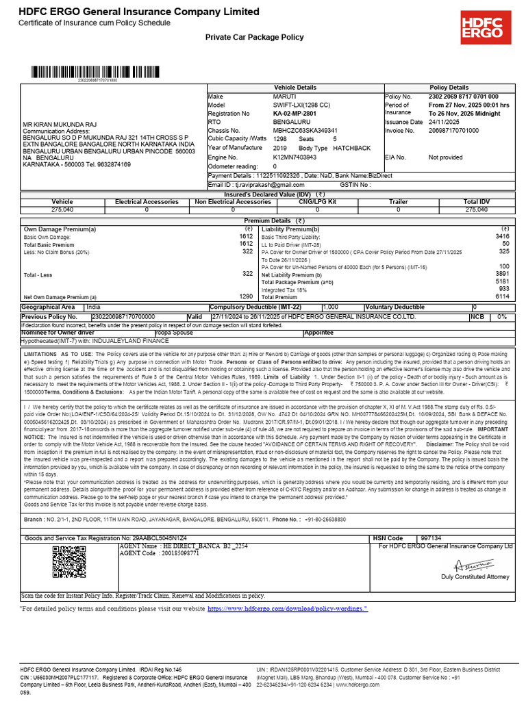 Maruti Swift Insurance Policy Details | PDF | Insurance | Driver's License