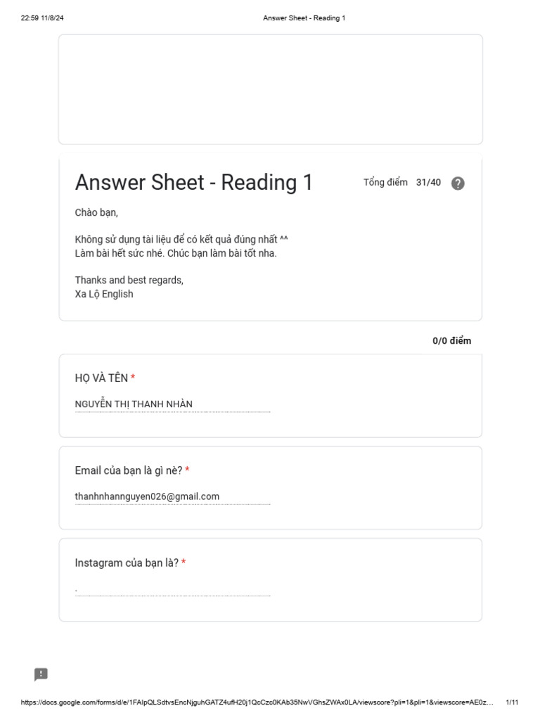Answer Sheet - Reading 1 | PDF