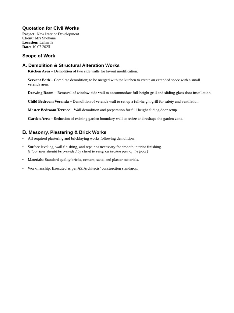 Civil Works Quotation for Interior Development | PDF