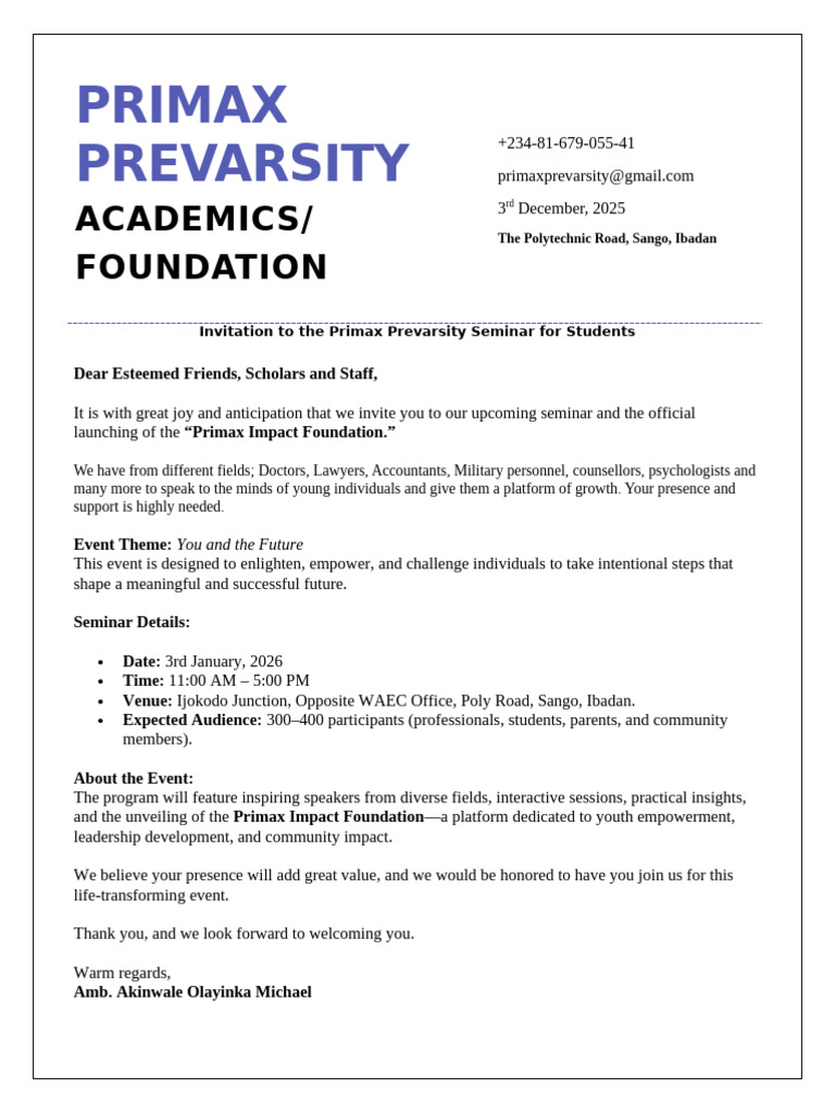 Primax Prevarsity Seminar Invitation | PDF