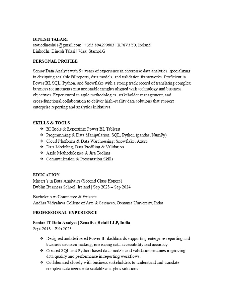 Senior Data Analyst Resume - Dinesh Talari | PDF | Information ...