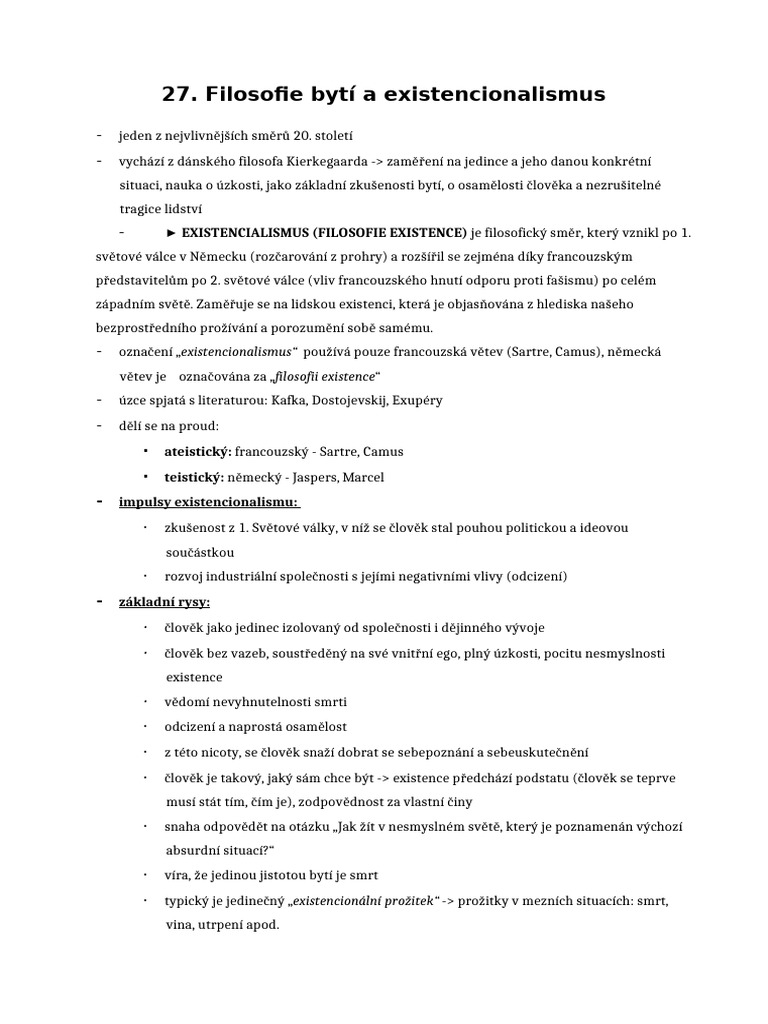 27. Filosofie Byti a Existencialismus | PDF