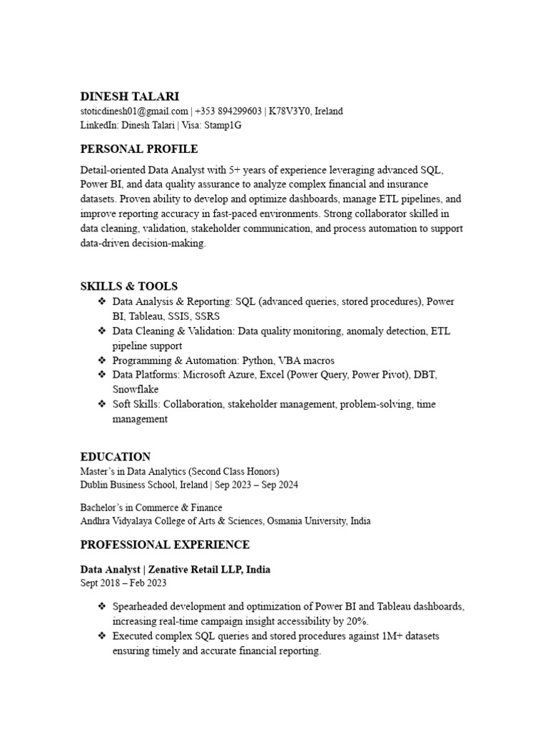 Data Analyst Resume - Dinesh Talari | PDF | Data Analysis | Prediction