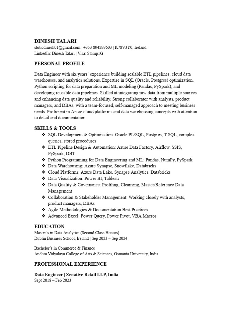 Data Engineer Profile and Skills Overview | PDF | Data | Information ...
