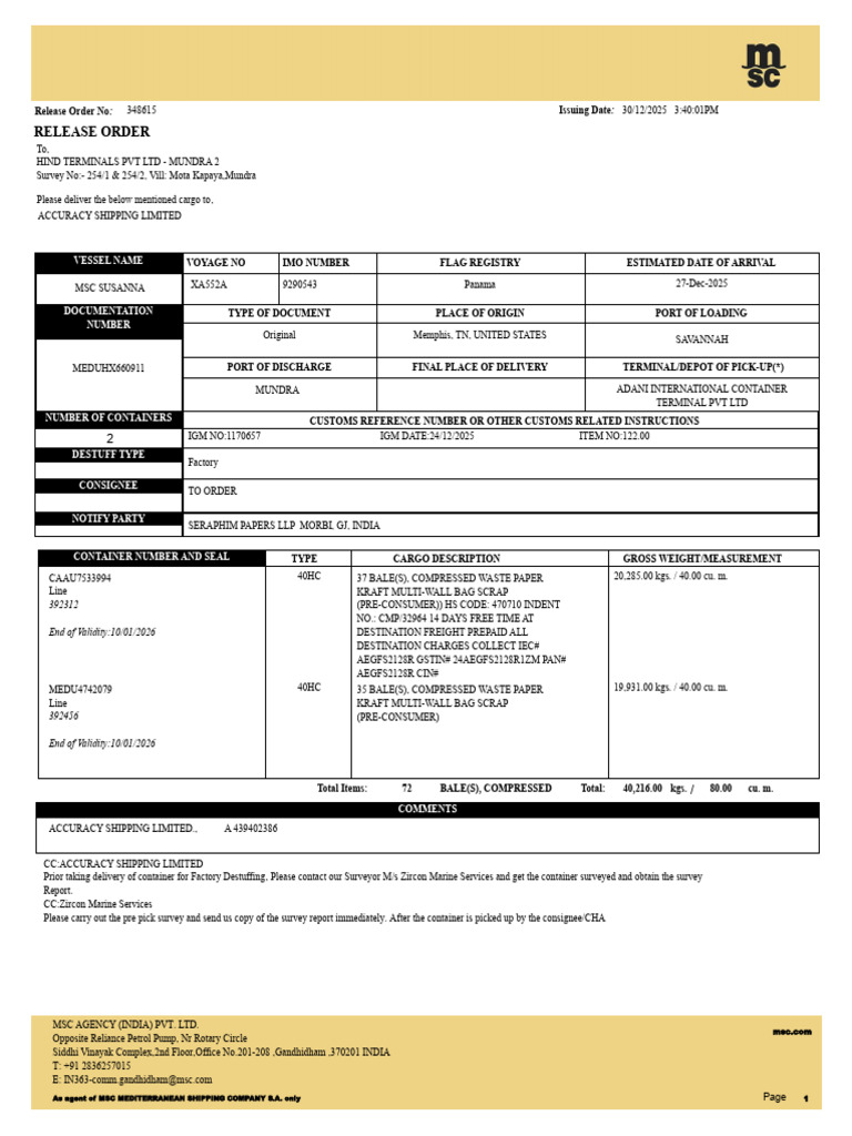 Release Order for Cargo Shipment | PDF | Cargo | Merchant Navy