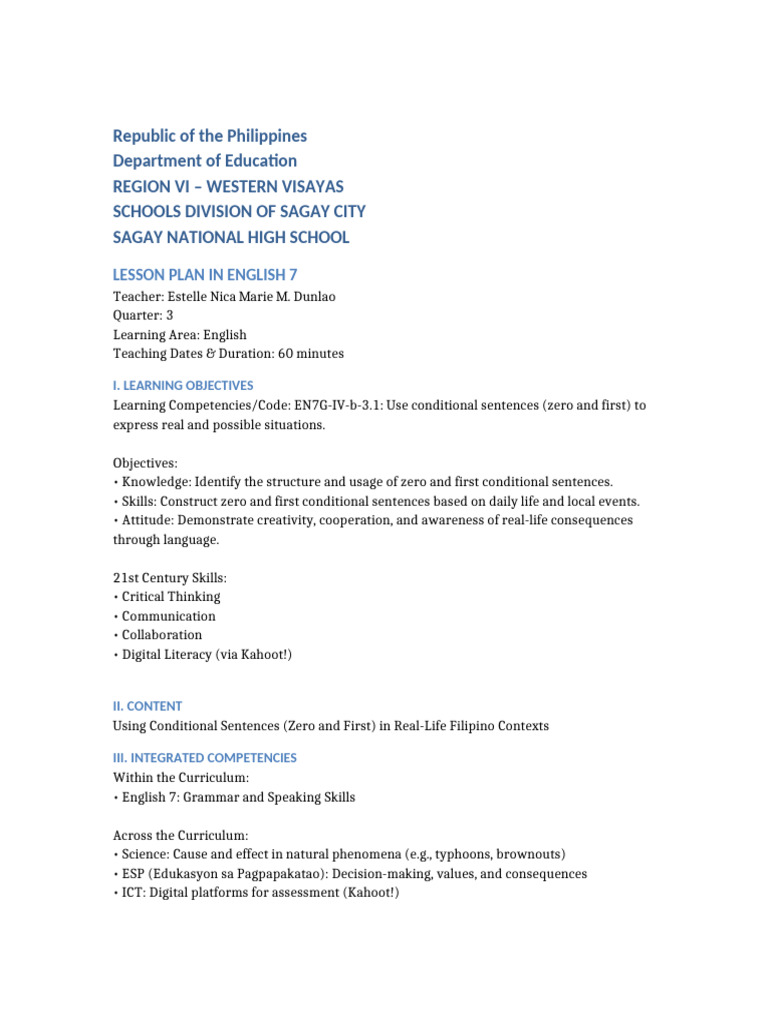 Conditional LessonPlan Estelle Dunlao | PDF | Learning | Curriculum