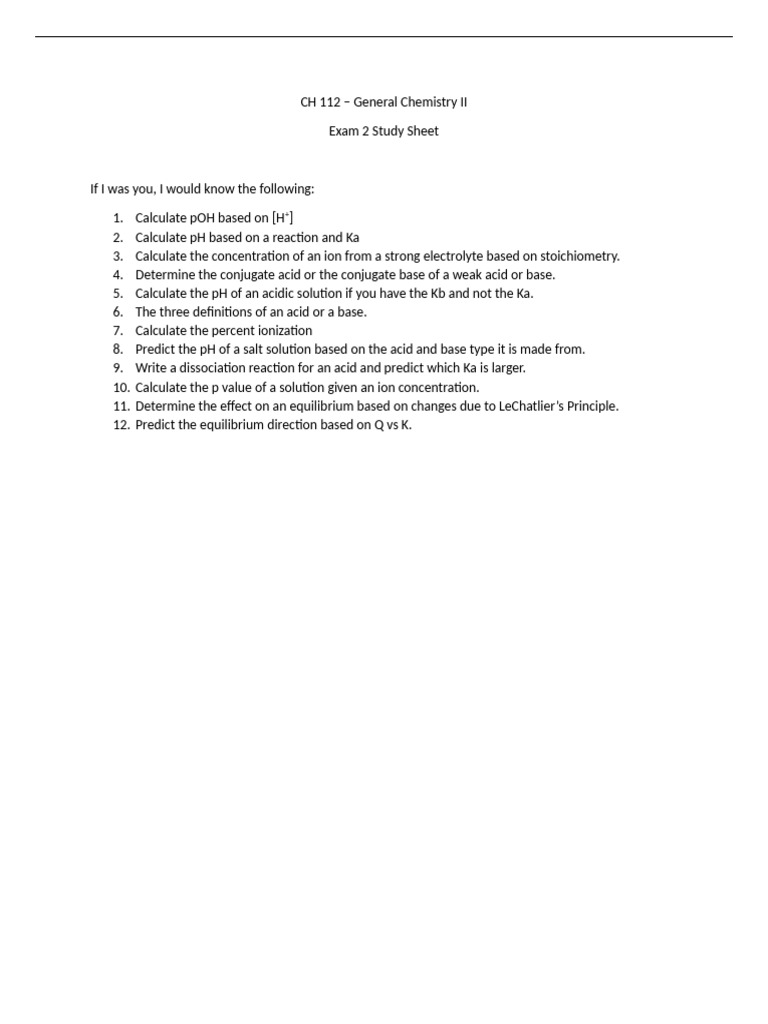 CH 112 Exam 2 Review Sheet | PDF