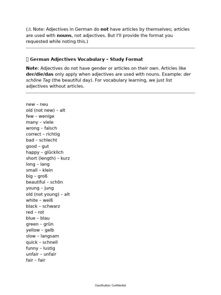 German Adjectives Vocabulary List | PDF