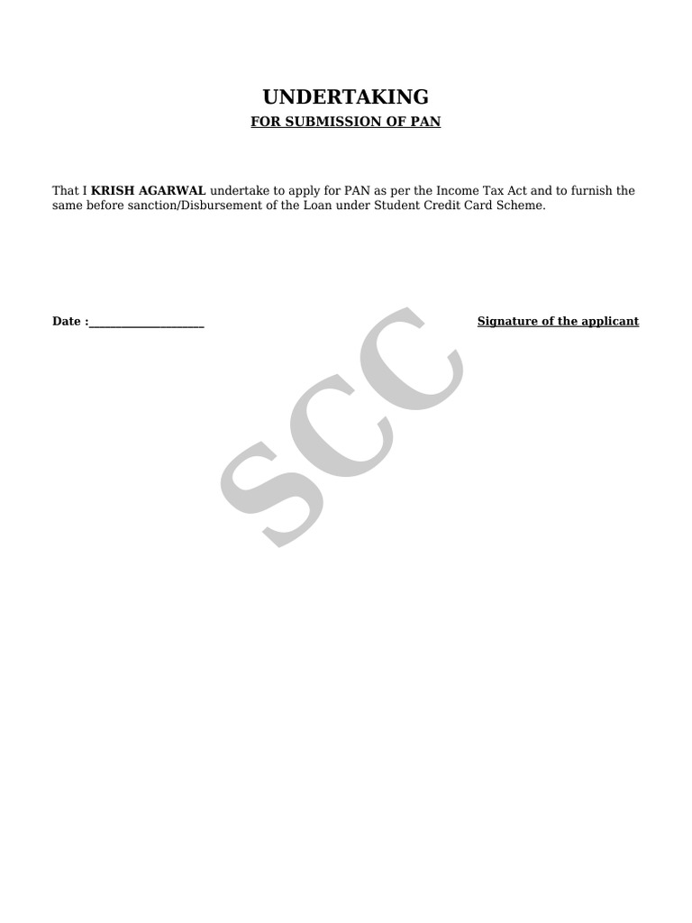 PAN Application Undertaking for Loan | PDF