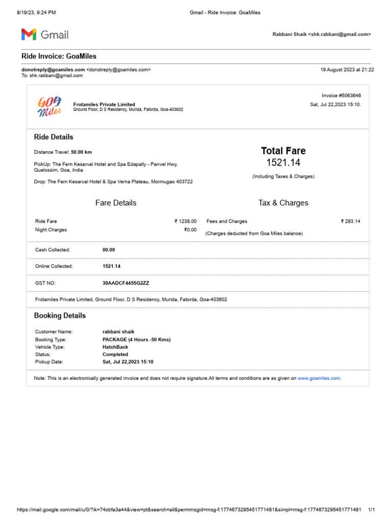 GoaMiles Ride Invoice Details | PDF | Payments