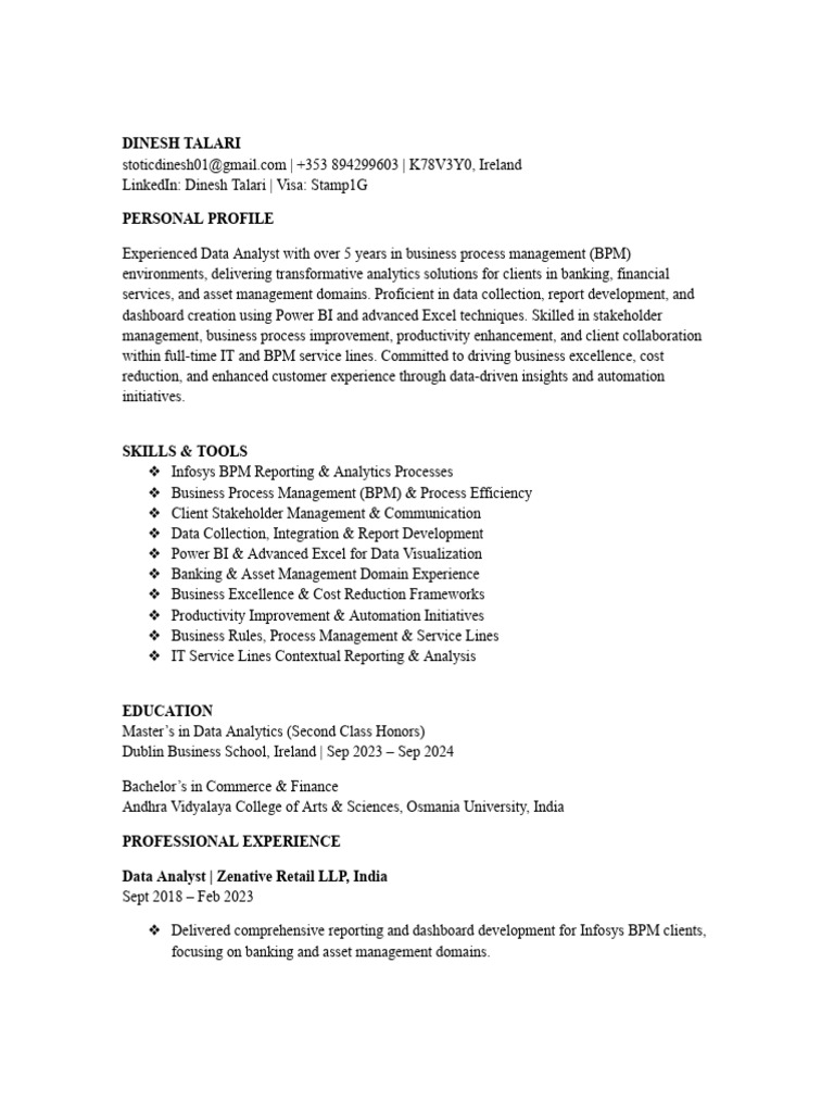 Dinesh - Reporting and Dashboard Analyst Infosys BPM | PDF | Business ...