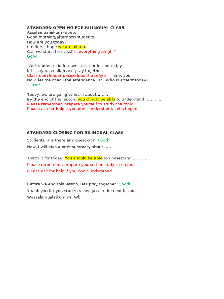 Bilingual Class Opening and Closing Script | PDF