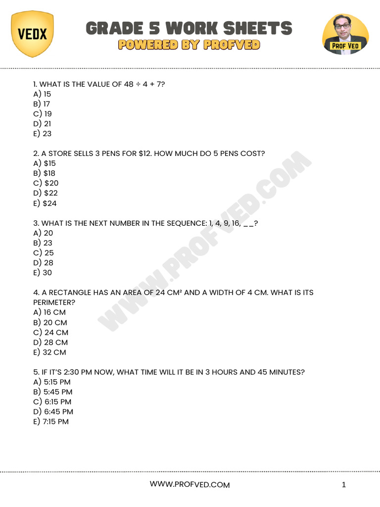 Grade 5 Math Worksheets with Answers | PDF | Area | Length