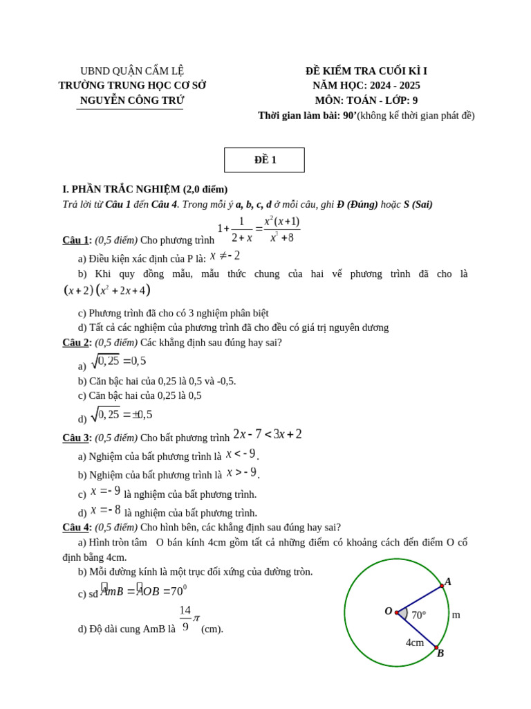 De Cuoi Ki 1 - Toan9 - Nguyencongtru | PDF