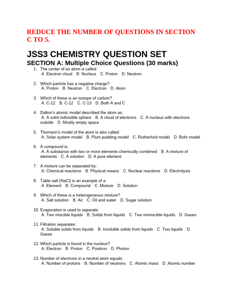 JSS3 Chemistry Question Set Overview | PDF | Atoms | Mixture