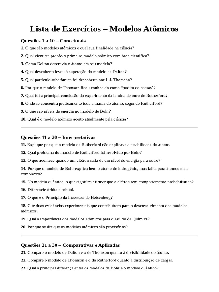 Exerc cios Sobre Modelos At micos PDF El tron Mec nica Qu ntica