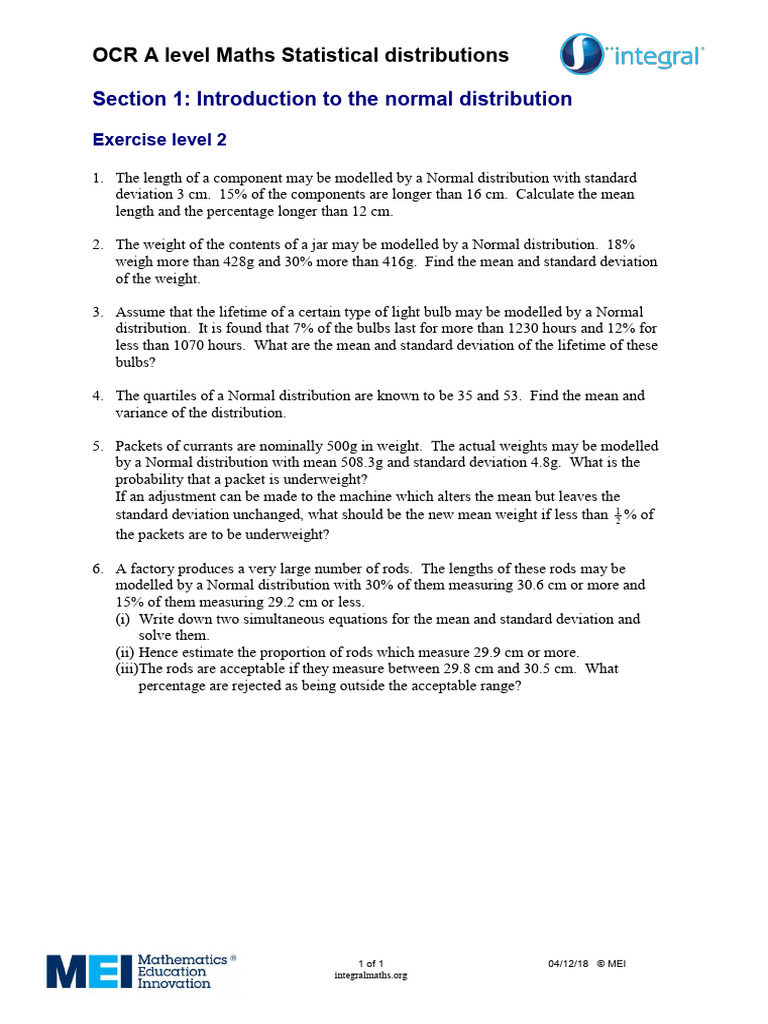 A Level Maths: Normal Distribution Exercises | PDF | Normal ...