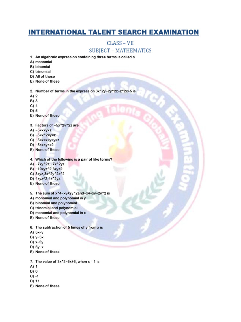 Class VII Mathematics Talent Exam | PDF | Polynomial | Interest