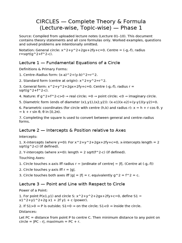Circles Theory LectureWise Phase1 | PDF | Circle | Tangent