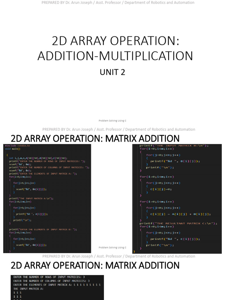 F Unit 2 - 2d Array Addition Multiplication | PDF