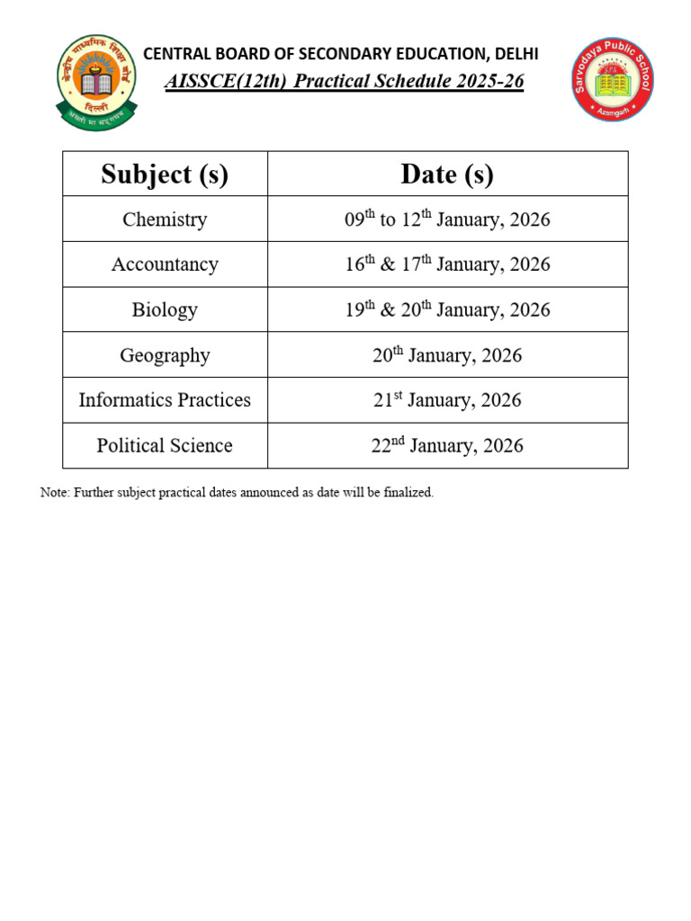 Date Sheet for Board Practical | PDF