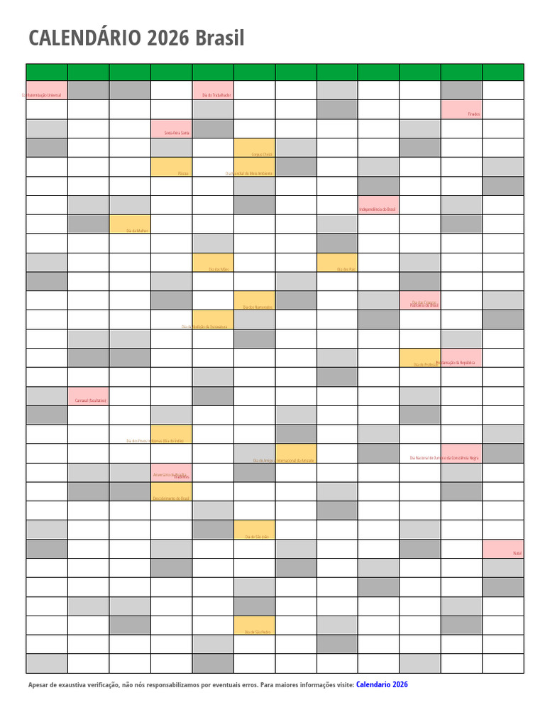 Calendário 2026 Brasil: Feriados e Datas | PDF