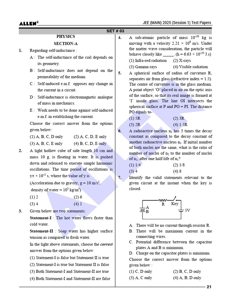 JEE Main 2025 Physics Test Paper Set 3 | PDF | Inductance | Radiation