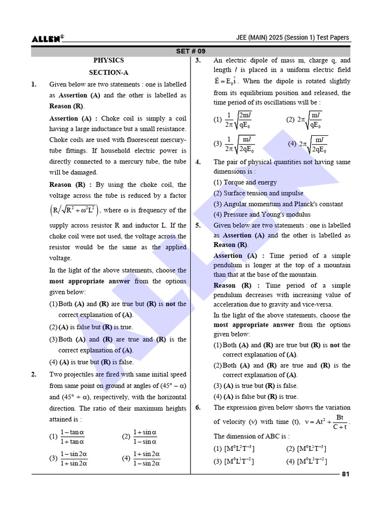 JEE Main 2025 Physics Test Paper Set 09 | PDF | Inductor | Refraction