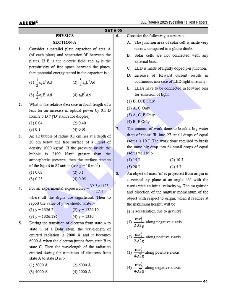 JEE Main 2025 Physics Test Paper Set 5 | PDF | Electron | P–N Junction