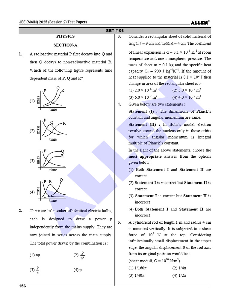 JEE Main 2025 Physics Test Paper Set 6 | PDF | Mole (Unit) | Hydroxide