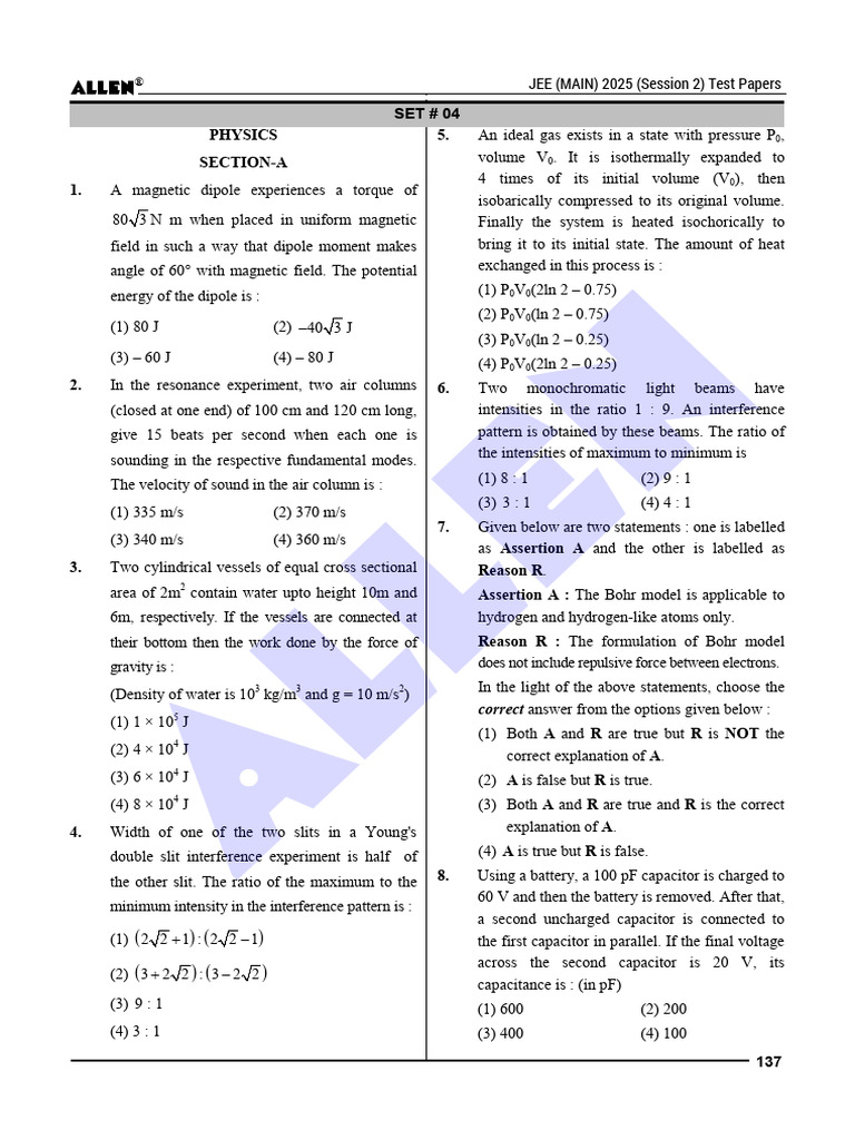 JEE Main 2025 Physics Test Paper Set 04 | PDF | Physical Sciences ...