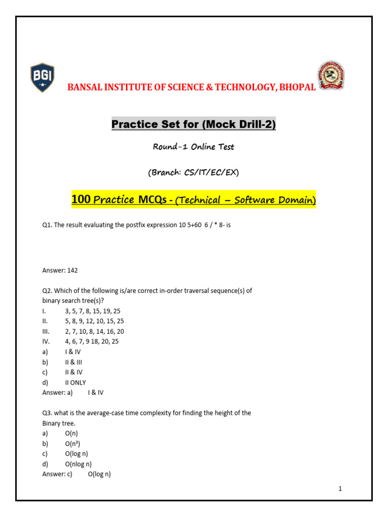 BIST Bhopal CS/IT/EC Mock Test MCQs | PDF | Class (Computer Programming ...